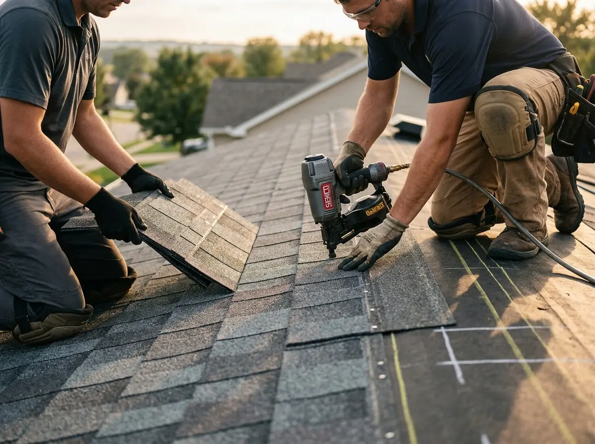 Professional roofer working on a residential roof in Buffalo